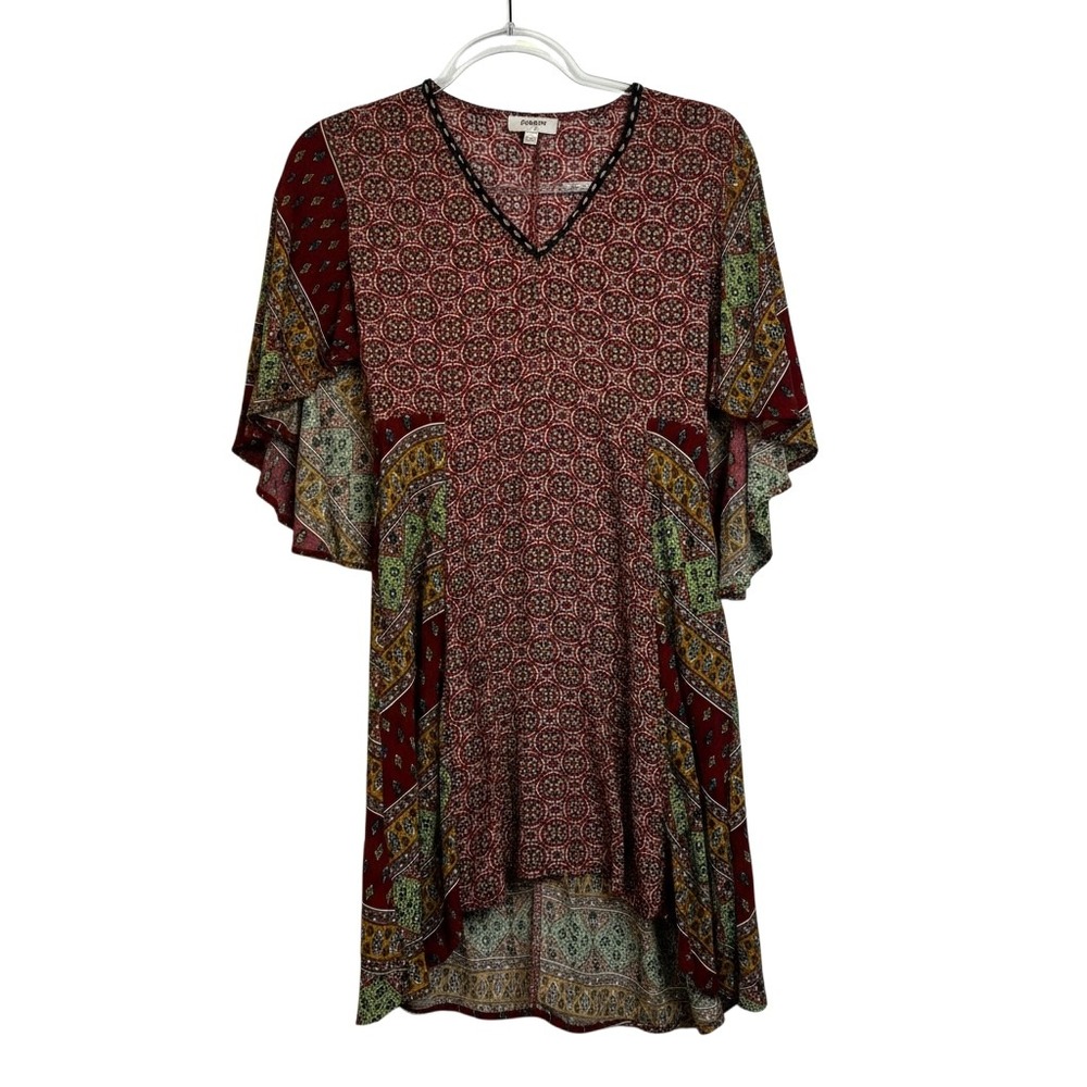 Umgee Boho Mixed Print Flutter Sleeve‎ V-Neck Tassel Mini Dress / Tunic S A1601